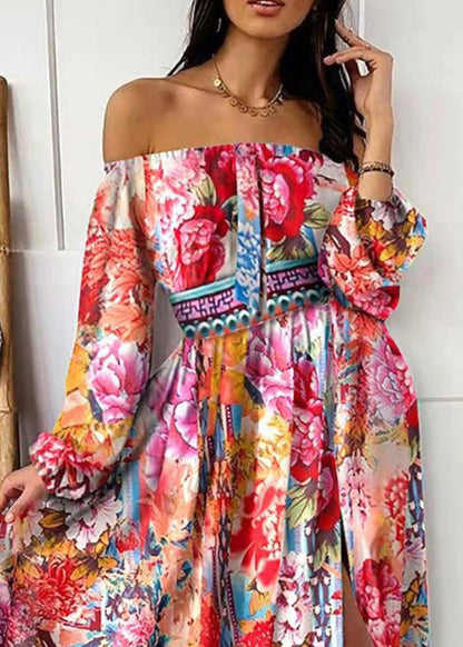 Red Slash Neck Print Side Open Cotton Dress Long Sleeve