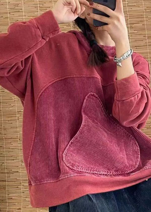 Brick Red Hooded Patchwork Cotton Pullover Top Spring