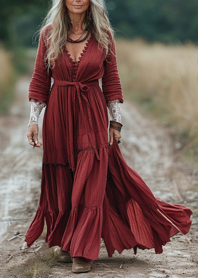 Red V Neck Wrinkled Patchwork Cotton Dresses Spring