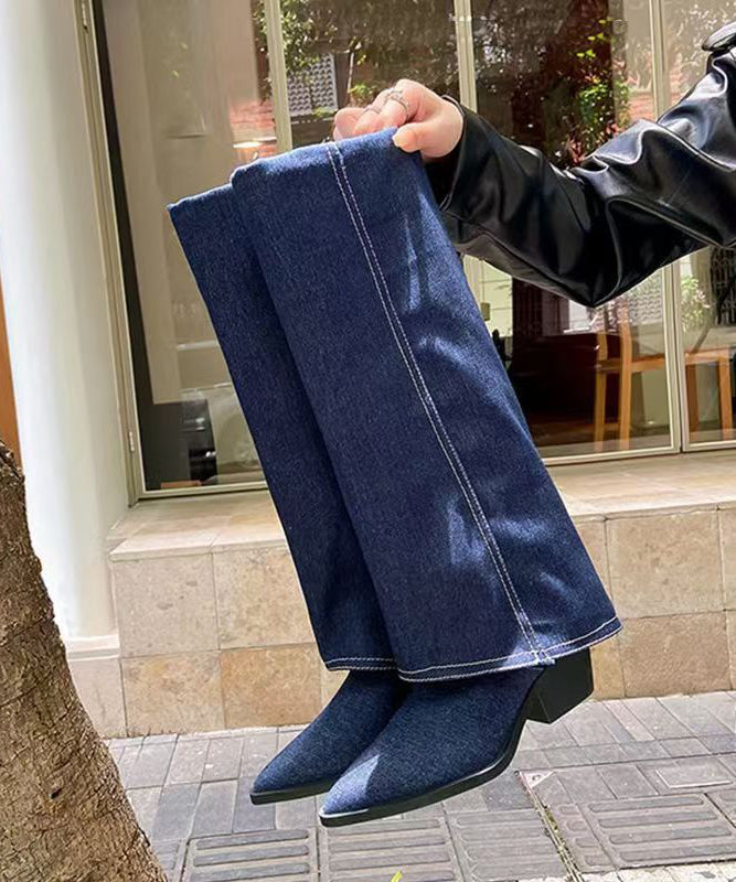 European and American Style Navy Denim Fabric Splicing Boots