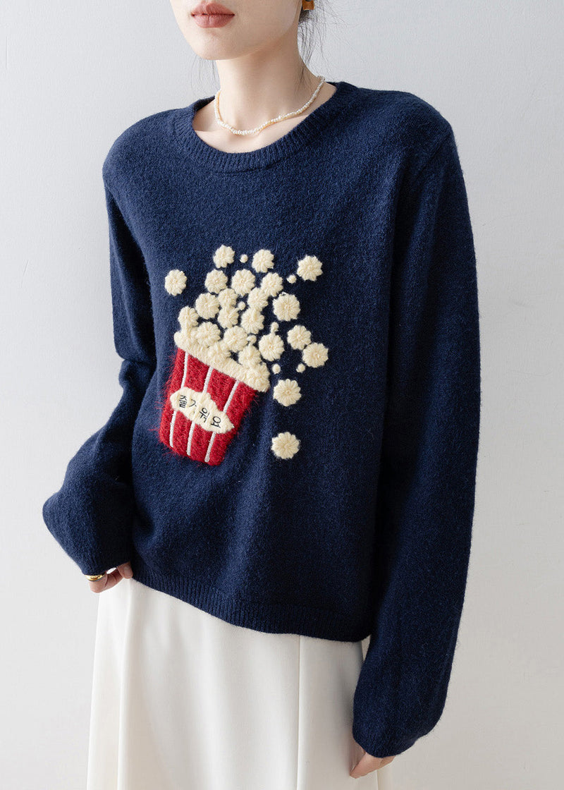 Versatile Navy O Neck Knit Sweaters Spring