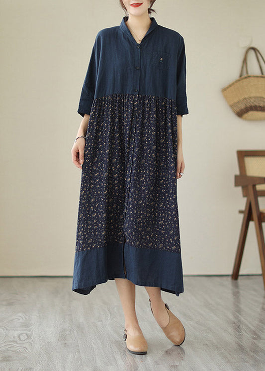 Blue V Neck Print Patchwork Button Cotton Long Dresses Summer