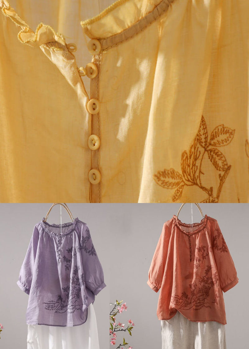 Purple Embroidered Patchwork Linen T Shirt Top Summer