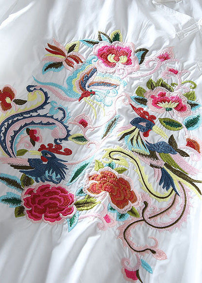 White Embroidered Chinese Button Cotton Blouse Top Spring