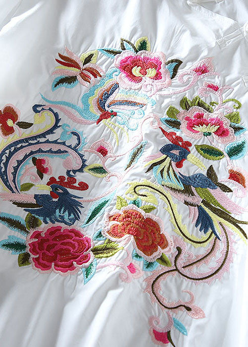 White Embroidered Chinese Button Cotton Blouse Top Spring