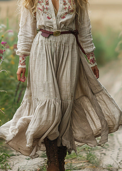 Beige V Neck Print Patchwork Cotton Long Dress Fall