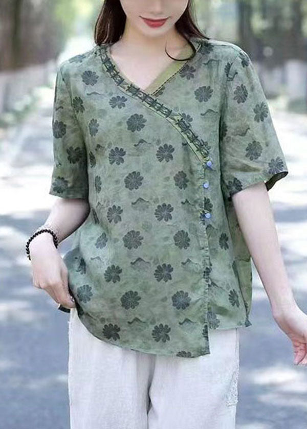 Green V Neck Print Patchwork Linen Shirts Summer