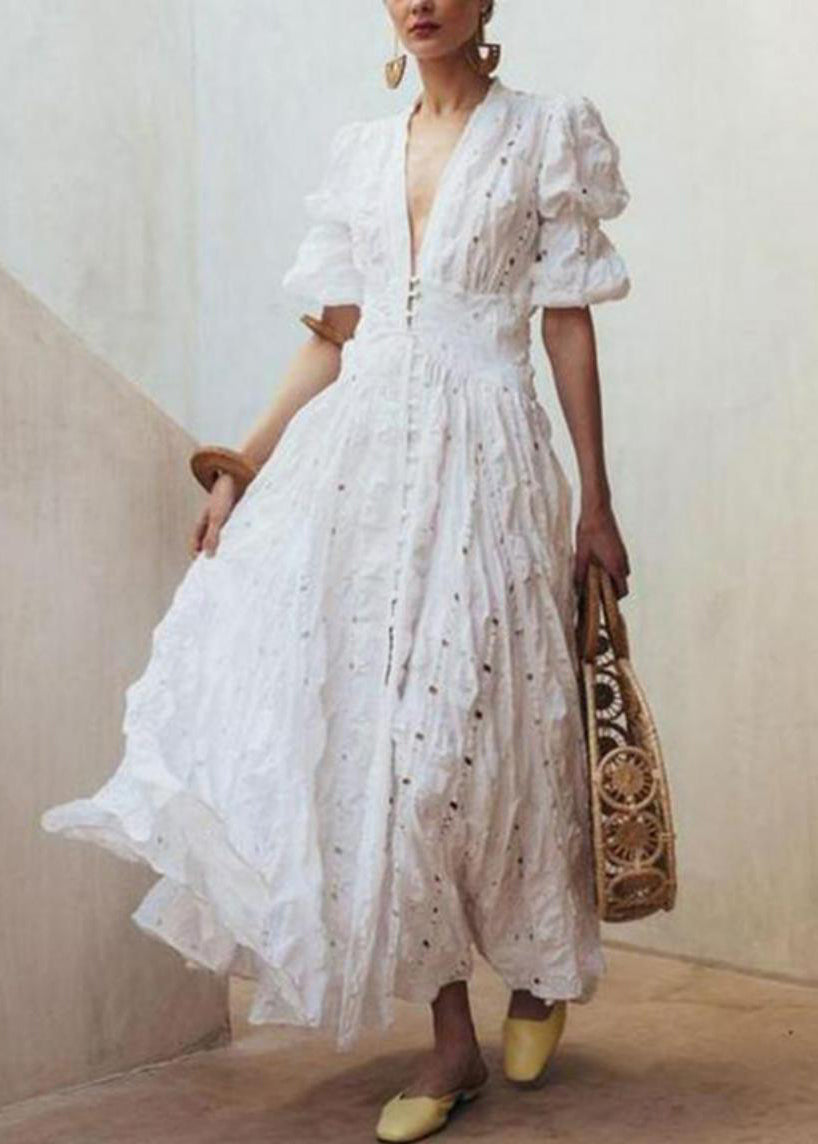 White Puff Sleeve Exra Large Hem Cotton Holiday Dress Spring