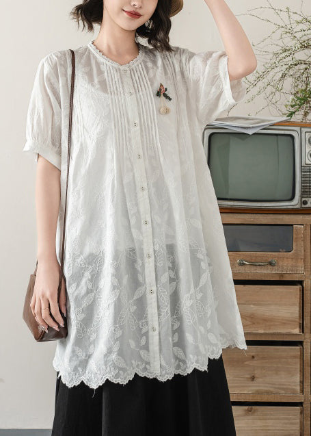 White Embroidered Cotton Long Blouses Summer