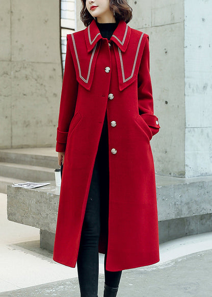 Red Button Pockets Tie Waist Woolen Coats Winter
