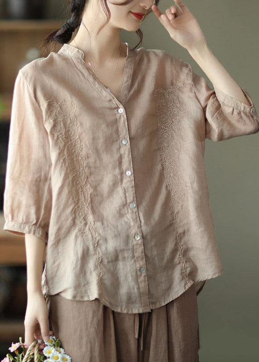 French Khaki Embroidered V Neck Ramie Blouse Top Summer