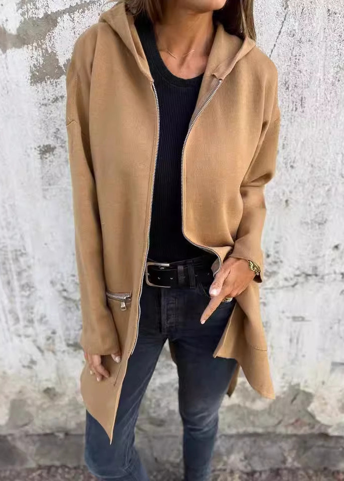 Black Zip Up Pockets Cotton Hooded Coats Fall