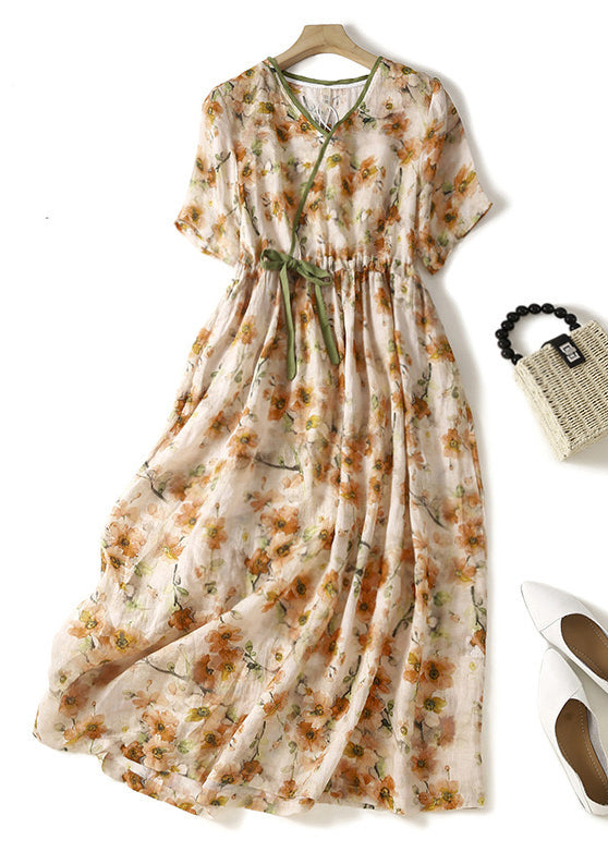 Orange V Neck Lace Up Print Linen Dresses Summer