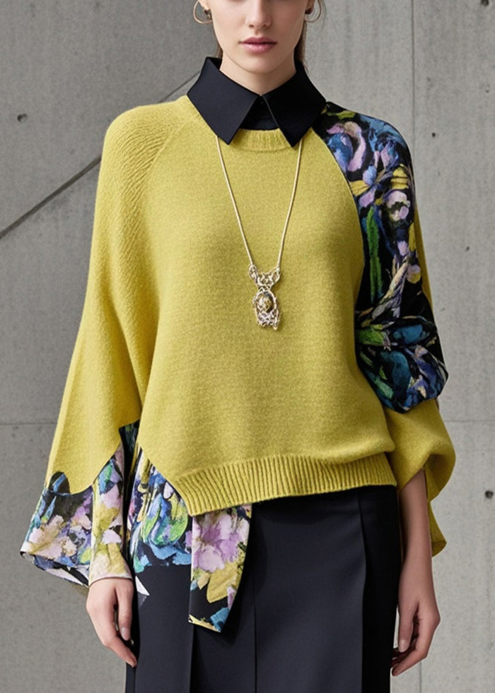 Yellow Asymmetrical Patchwork Fake Two Piece Knit Shirts Fall