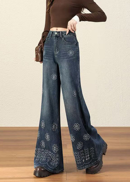 Handmade Blue Embroidered Hollow Out Denim Flared Trousers Fall