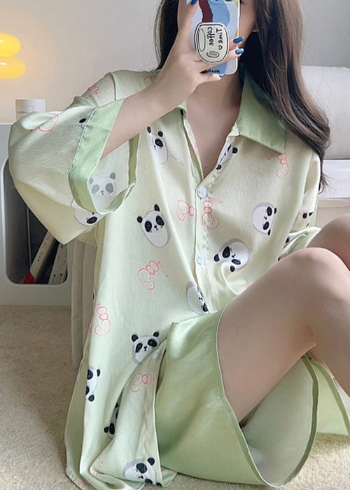 Green Print Shirts and Shorts Ice Silk Pajamas Two Pieces Set Spring