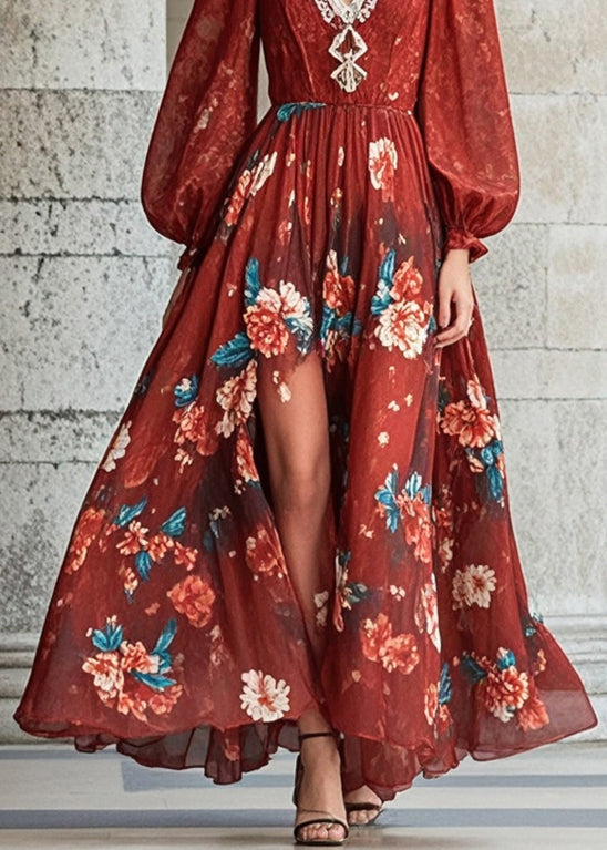 Red V Neck Chiffon Dresses Fall