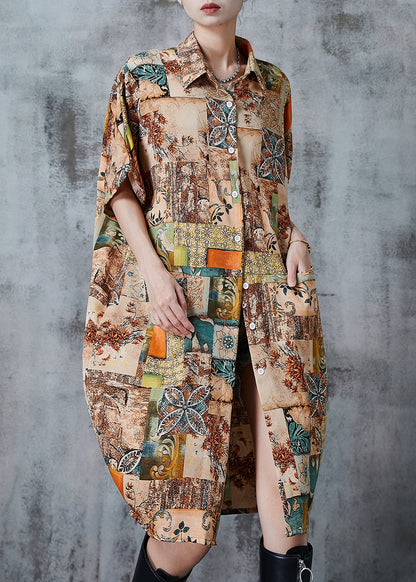 Khaki Oversized Print Chiffon Shirt Dress Summer