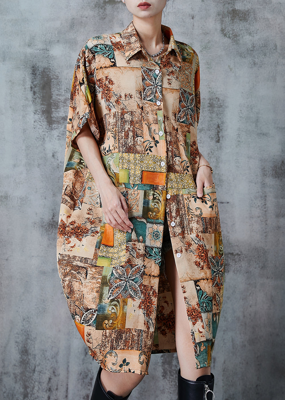 Khaki Oversized Print Chiffon Shirt Dress Summer