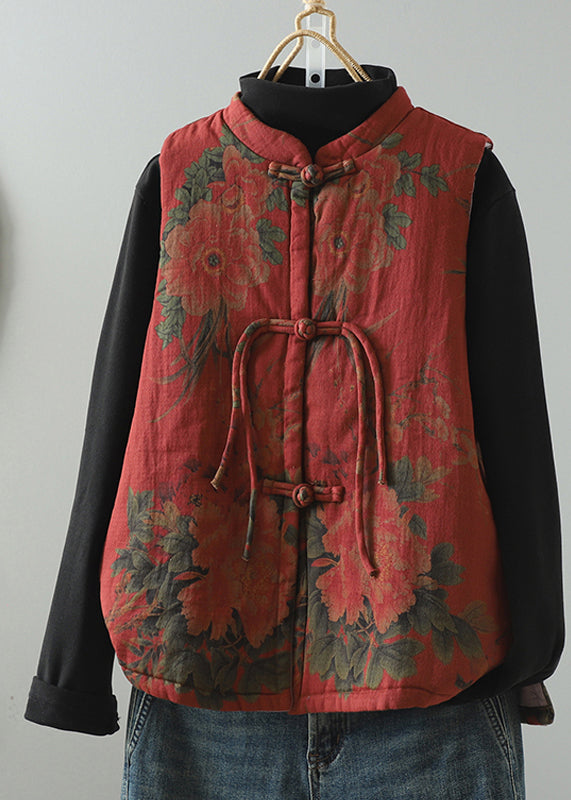 Red Tassel Print Patchwork Fine Cotton Filled Vest Winter