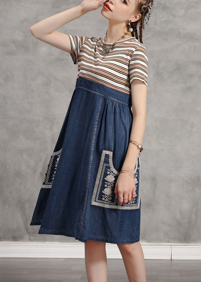 Blue O-neck Striped Knit Patchwork Denim Mid Dress Short Sleeve
