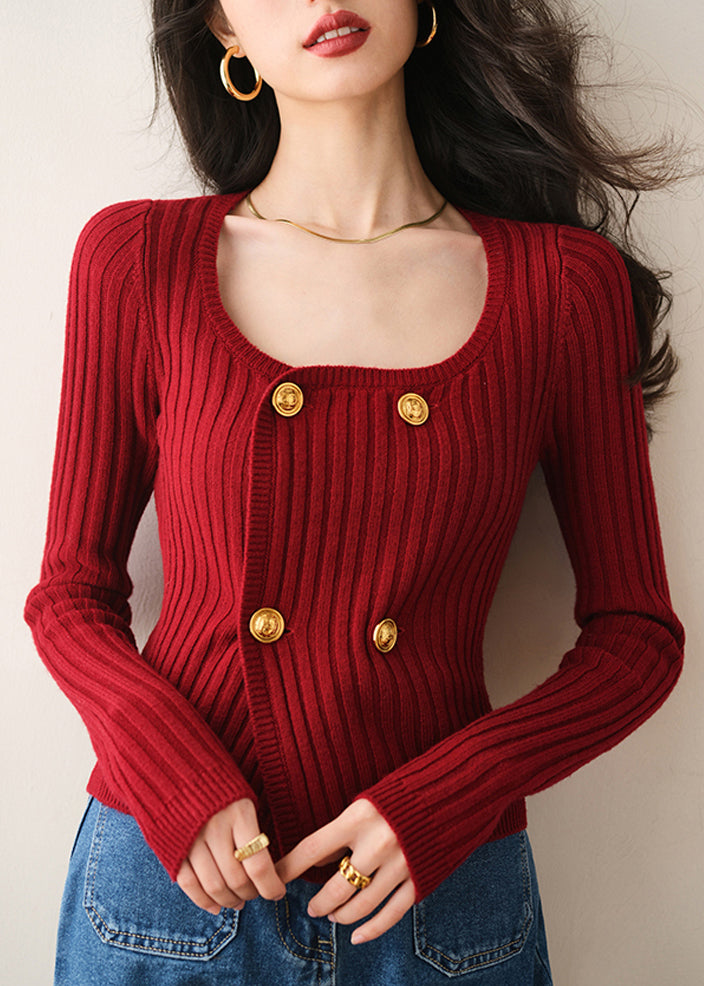 Red O Neck Double Breast Knit Cardigan Spring
