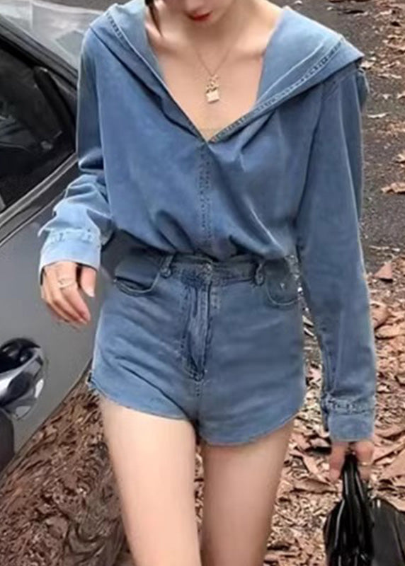 Blue Denim Hooded Top and Shorts Two Pieces Set Spring