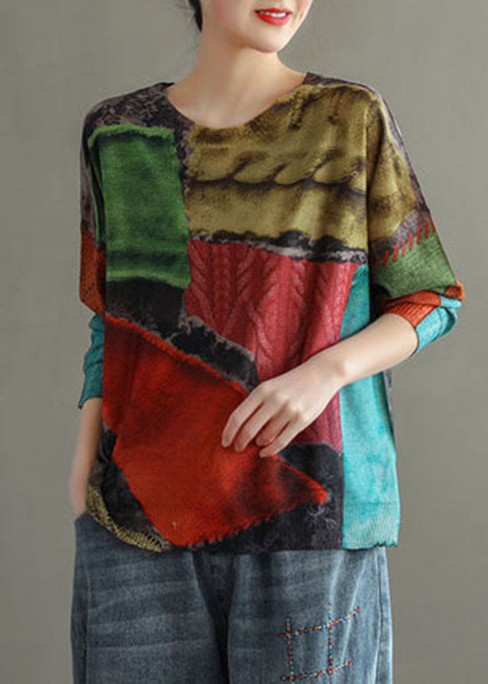 Colorblock O-neck Print Knit Tops Long Sleeve