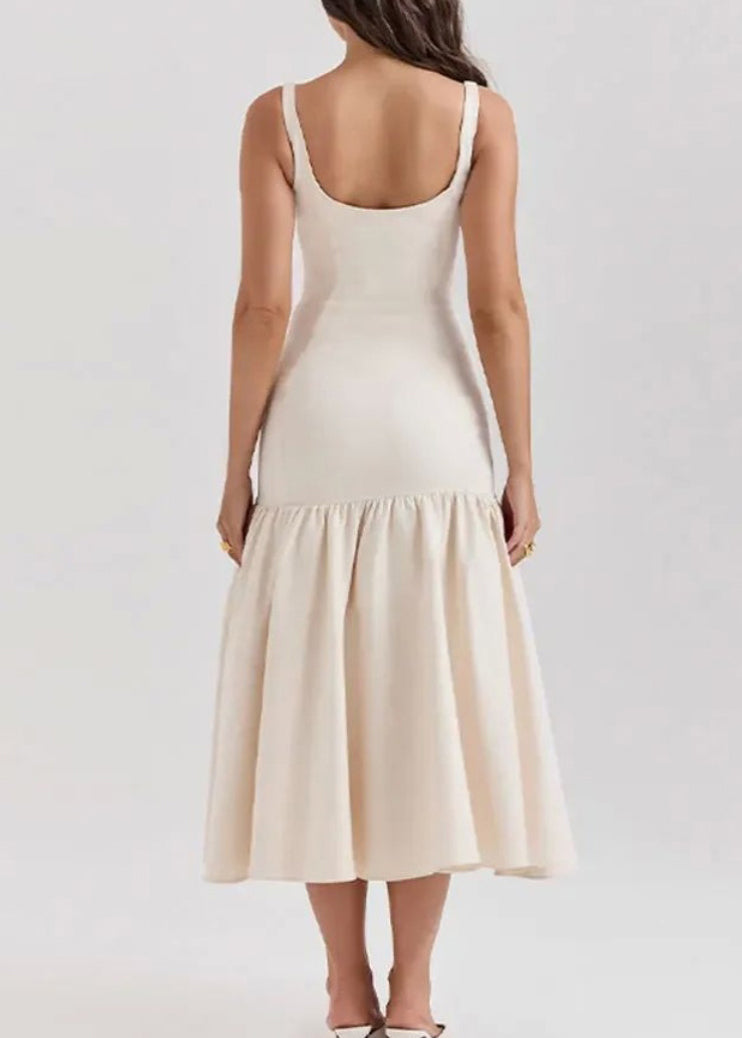 Slim Fit White Wrinkled Patchwork Cotton Spaghetti Strap Dress Summer