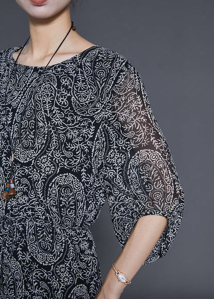 Black Tie Waist Print Chiffon Dress Summer