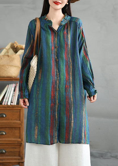 Green Ruffled Striped Button Cotton Shirt Fall