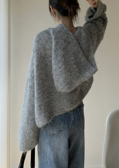Grey Hooded Cotton Knit Sweaters Winter