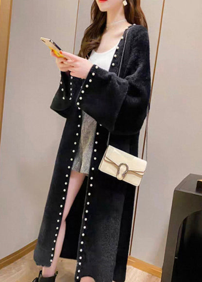 Black Pearl Cozy Knit Spring Coat V Neck