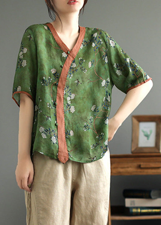 Green Print Ramie T Shirt Summer