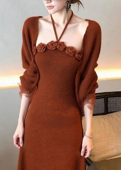 Art Brick Red Cotton Knit Cardigans and Long Dress Two Piece Set Fall