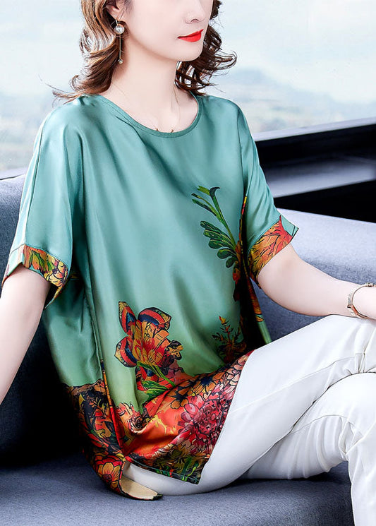 Green O-neck Print Silk Tops for Short Sleeve