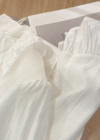 Art White Lace Up Cotton Blouses Butterfly Sleeve
