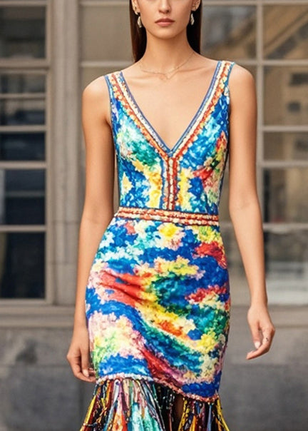 Multicolou Print Knit Dresses Tasseled Summer