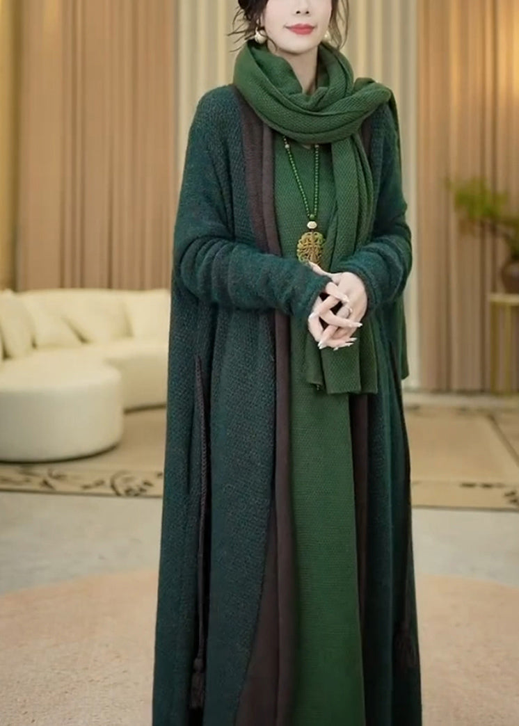 Green V Neck Cozy Warm Cotton Knit Long Cardigans Winter