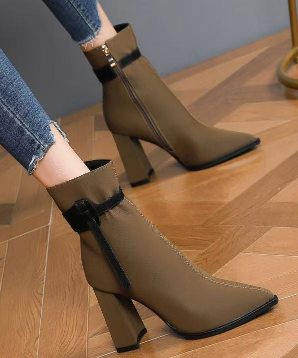 Black Faux Leather Splicing Boots Pointed Toe