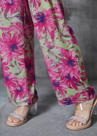 Rose Elastic Waist Leaf Print Chiffon Pants Summer