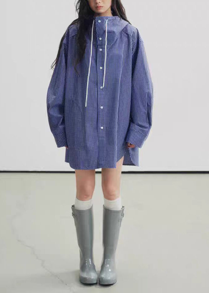 Blue Hooded Plaid Cotton Trench Fall