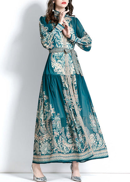 Green Stand Collar Print Tie Waist Chiffon Dress Lantern Sleeve