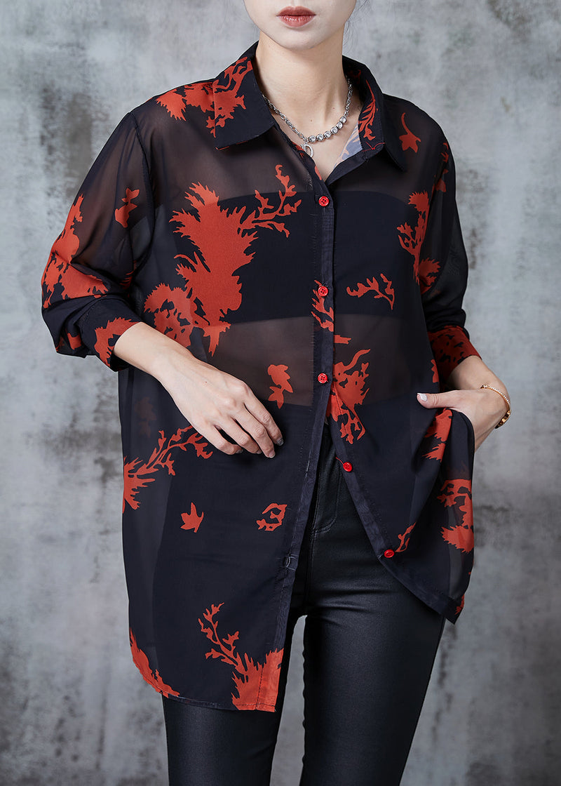 Black Print Chiffon Upf 50+ Blouse Top Oversized Summer