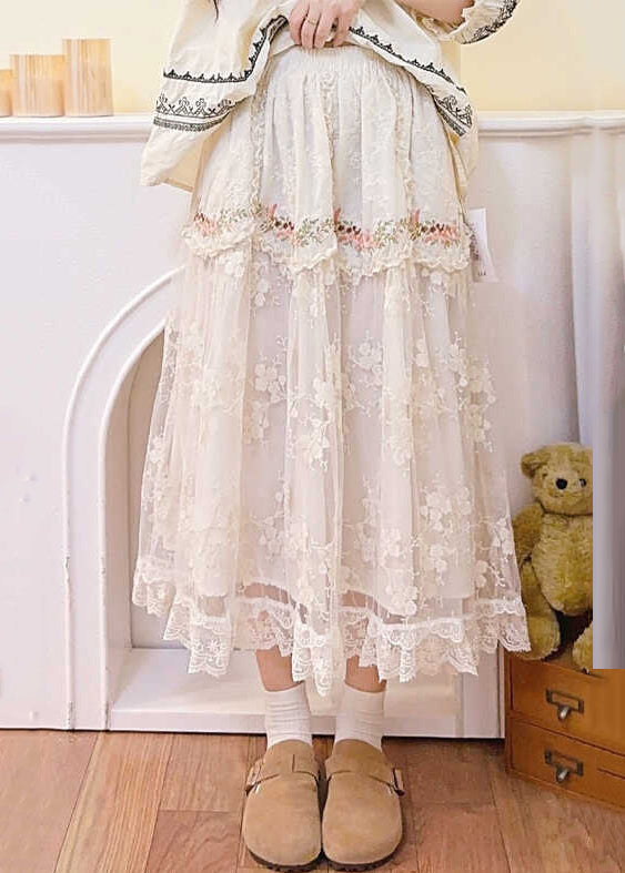 Beige Embroidered Elastic Waist Patchwork Tulle Skirt Spring