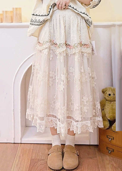 Beige Embroidered Elastic Waist Patchwork Tulle Skirt Spring