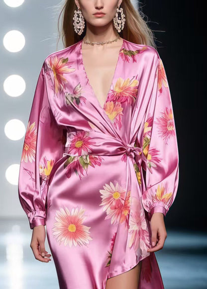 Style Purple Asymmetrical Print Silk Tunic Dress Spring