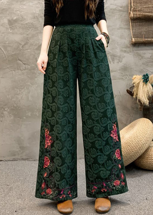 Navy Embroidered Pockets Cotton Wide Leg Trousers Spring