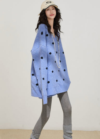 Fitted Blue Oversized Dot Knit Two Pieces Set Winter