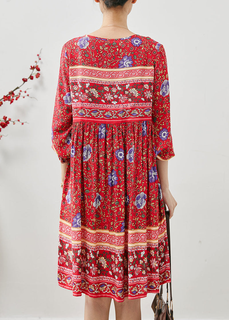 Red Tasseled Print Cotton Mini Dresses Fall